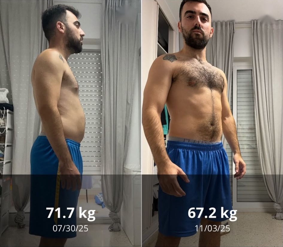 Sergio side before and after — 30 Jul 2025 (71.7 kg) to 3 Nov 2025 (67.2 kg)