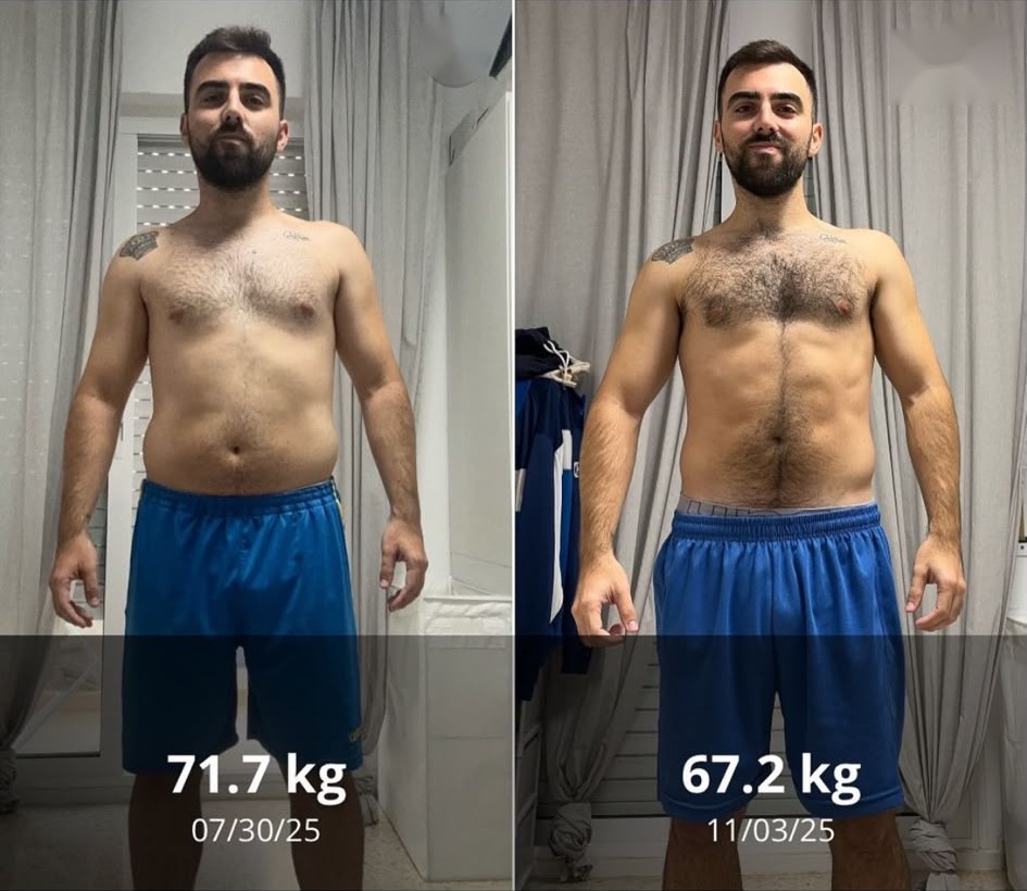 Sergio before and after — 30 Jul 2025 (71.7 kg) to 3 Nov 2025 (67.2 kg)